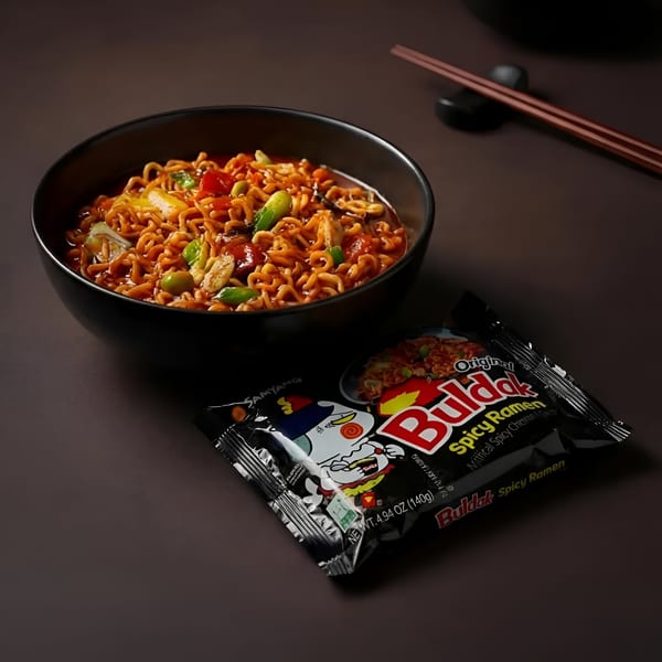 A black bowl of Buldak Spicy Ramen with vegetables, next to an unopened ramen packet and chopsticks.