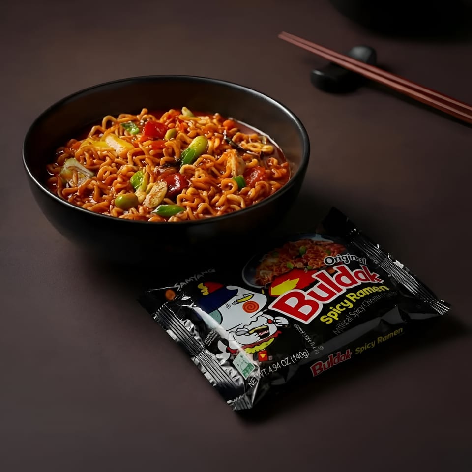 A black bowl of Buldak Spicy Ramen with vegetables, next to an unopened ramen packet and chopsticks.