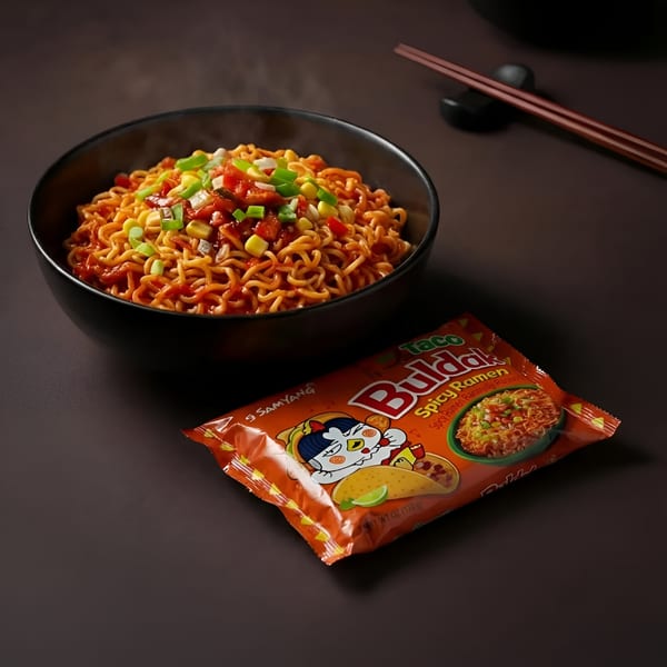 A bowl of Buldak Spicy Ramen with corn and green onions, next to a ramen packet.