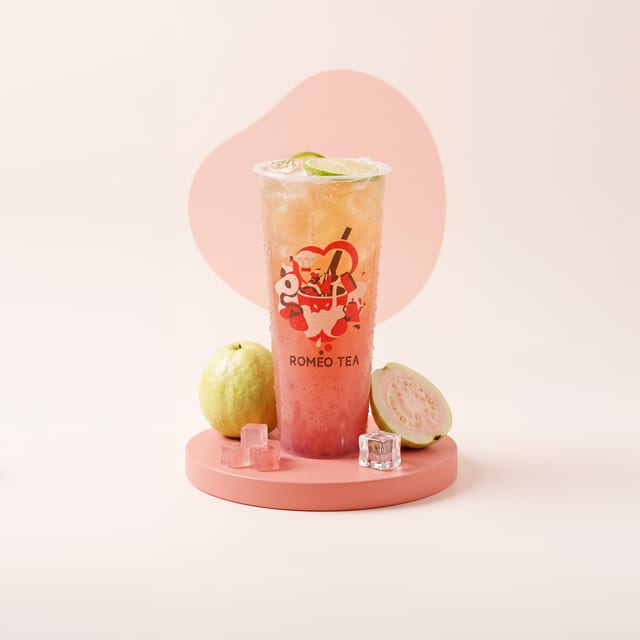 Hand Crushed Guava Iced Tea with Agar Jelly.